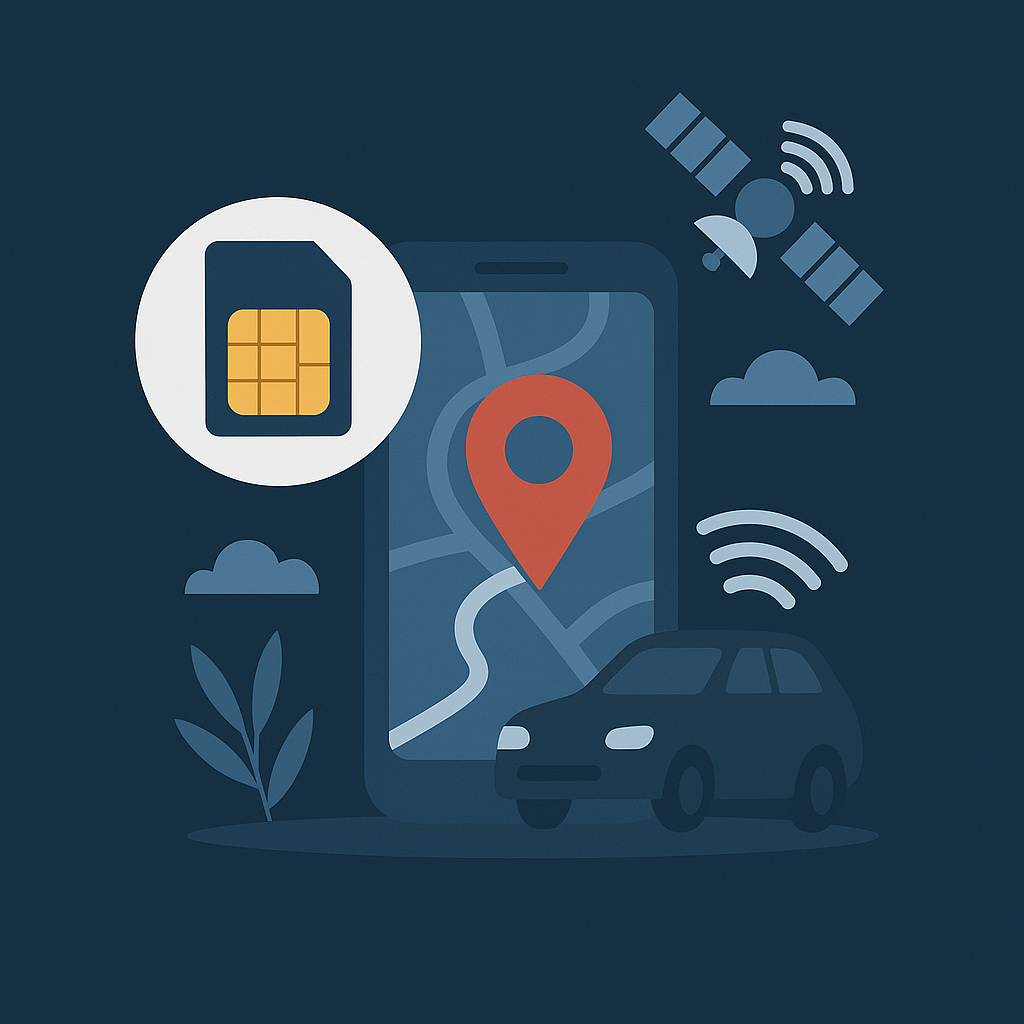 Ein Smartphone zeigt eine Karte mit GPS-Ortung, umgeben von einem Auto, einem Satelliten und einer SIM-Karte.