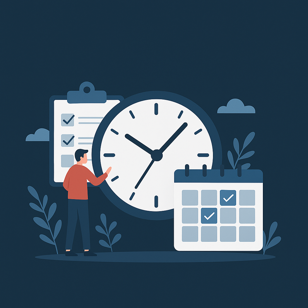 Ein Mann steht vor einer großen Uhr und einem Kalender, während er eine Checkliste überprüft, was an GPS Ortung erinnert.